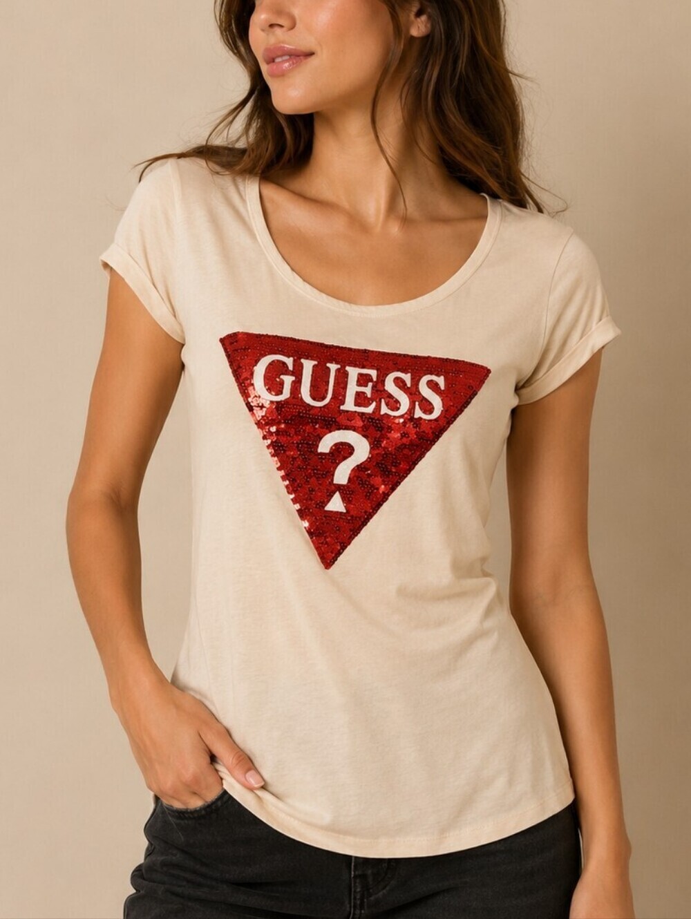 GUESS Short-Sleeve Tee with Red Sequin Logo